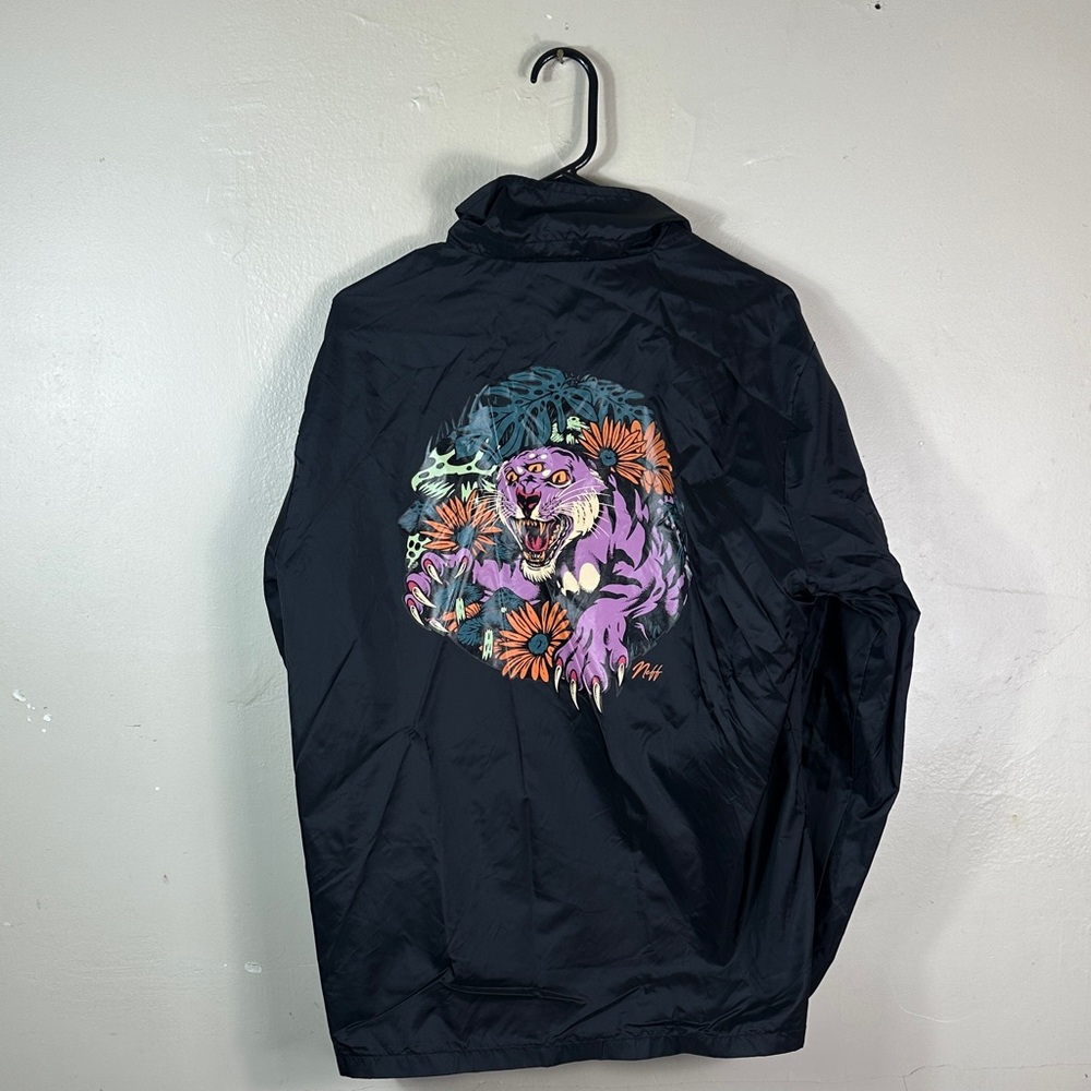 Neff Black Windbreaker with Purple Tiger and Orange Floral Back Art